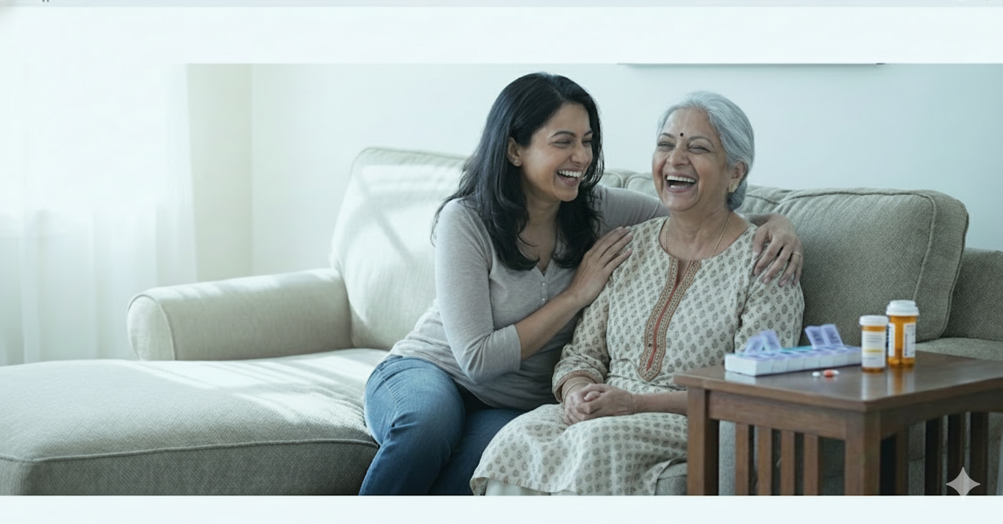 A daughter caring for her mother — warm family moments that Hi Mom Hi Dad helps protect
